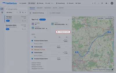 Bevor Du ein Angebot schreibst, lohnt der Blick, ob überhaupt ein Bus frei ist. „Verfügbarkeit prüfen“ öffnet diese Ansicht für genau den Zeitraum der Tour.