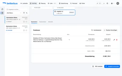 Das Angebot öffnet sich als Entwurf. Die Positionen sind aus der gewählten Preisoption übernommen — Du musst nichts abtippen. Alles hier ist änderbar, solange das Angebot ein Entwurf ist.