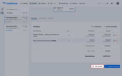Bevor Du versendest, lohnt ein Blick auf das PDF. „PDF erstellen“ öffnet die Zusammenstellung des Dokuments; über das Menü oben rechts kommst Du mit „PDF Vorschau ansehen“ direkt zur fertigen Ansicht. Wie das Dokument aussieht — Logo, Kopfzeile, Layout — legst Du einmalig für Dein Unternehmen fest, nicht je Angebot; das beschreibt eine eigene Anleitung.