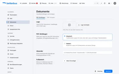 Der Briefbogen liegt in den Einstellungen unter „Dokumente“, im Reiter „PDF-Briefbogen“. Die Seite ist von oben nach unten aufgebaut wie das Dokument selbst: erst das Logo, dann das Layout, die Absenderzeile und zuletzt der Fußbereich.