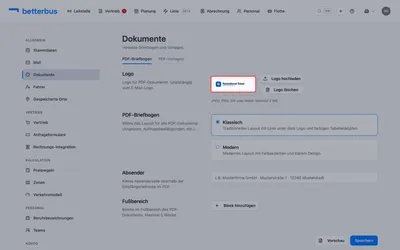 Lade Dein Logo hoch — JPEG, PNG, GIF oder WebP, höchstens 2 MB. Es steht im Kopf jedes PDFs. Dieses Logo ist unabhängig von dem für E-Mails: ein Druck-Logo darf ruhig feiner sein als eines, das in einem Mailprogramm bestehen muss.