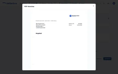 Fertig: „Vorschau“ rendert ein Musterdokument mit genau diesen Einstellungen — dieselbe Erzeugung wie bei einem echten Angebot. Lohnt sich vor dem ersten Versand, denn Logohöhe und Fußzeilenlänge sieht man erst auf der Seite.