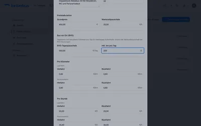 Hinterlege die Preiskalkulation: Grundpreis, Wartezeit sowie km- und Stundensätze für Leer- und Personenfahrten. Diese Werte fließen automatisch in jede Angebotsberechnung ein. Klicke auf „Fahrzeugtyp erstellen“.