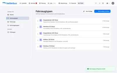 Fertig: Der neue Fahrzeugtyp steht in der Liste und kann jetzt Fahrzeugen zugewiesen und in Angeboten kalkuliert werden.