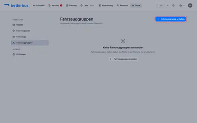 Öffne „Flotte“ → „Fahrzeuggruppen“ und klicke auf „Fahrzeuggruppe erstellen“.