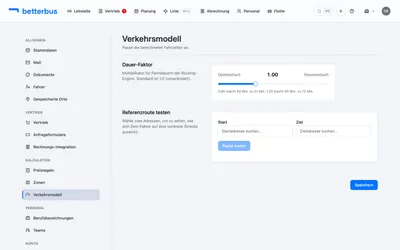 Öffne „Einstellungen“ → „Verkehrsmodell“. Der Regler steht standardmäßig auf 1,0 (Fahrzeiten unverändert).