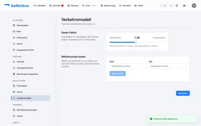 Fertig: Der neue Faktor ist gespeichert und wird ab sofort auf alle Fahrzeitberechnungen angewendet. Mit „Referenzroute testen“ kannst Du die Auswirkung auf eine konkrete Strecke prüfen.
