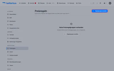 Öffne „Einstellungen“ → „Preisregeln“. Die Seite zeigt Deine Preisregeln als eine Kette von oben nach unten — noch ist sie leer. Klicke auf „Regelgruppe erstellen“.