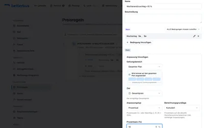 Unter „Dann“ legst Du fest, was passiert. Die Voreinstellung — Geltungsbereich „Gesamter Plan“, Ziel „Gesamtpreis“, Typ „Prozentual“ — passt hier; trage 10 ein. Unter dem Feld steht im Klartext, was das bedeutet, damit ein Vorzeichenfehler auffällt, bevor er in einem Angebot steht.