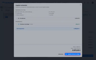Wähle den Plan aus und klicke „Angebot vorbereiten“. Der Dialog zeigt Grundpreise und Zuschläge; hier könntest Du einzelne Zuschläge noch aktivieren/deaktivieren. Klicke auf „Angebot (Entwurf) anlegen“.