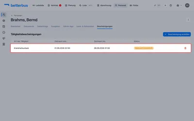 Die Bescheinigung steht in der Liste und trägt den Status „Warte auf Unterschrift“. Die Unterschrift des Unternehmens sitzt schon darauf — was noch fehlt, ist die des Fahrers.