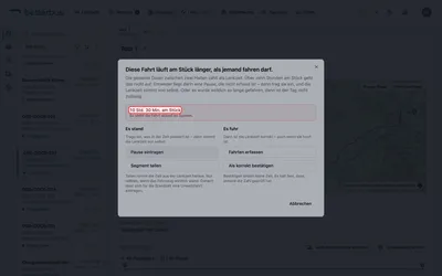 Der Dialog zeigt zuerst, was im System steht — hier zehneinhalb Stunden zwischen zwei Halten — und erklärt, warum das nicht aufgeht: über zehn Stunden am Stück ist keine zulässige Lenkzeit.