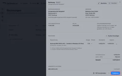 Stimmt alles, klickst Du auf „Finalisieren“. Damit bekommt die Rechnung ihre Nummer und ist ab sofort unveränderbar.
