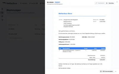 Die Rechnung hat jetzt eine Rechnungsnummer und steht auf „Finalisiert“. Die PDF enthält automatisch den maschinenlesbaren Datensatz einer E-Rechnung.
