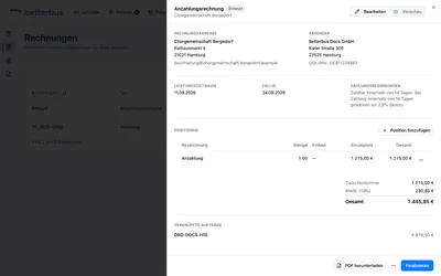 Die Anzahlungsrechnung zeigt eine einzige Position „Anzahlung“ — nicht die Einzelpositionen des Auftrags. Die kommen später auf die Schlussrechnung.