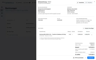 Die Schlussrechnung nennt die gesamte Leistung und zieht die Anzahlung wieder ab — einmal netto und einmal die darin enthaltene Umsatzsteuer. Unten steht, was noch zu zahlen ist.