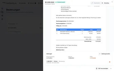 Die Rechnung steht jetzt auf „Teilweise bezahlt“ und bleibt mit dem Restbetrag in den Offenen Posten. Jede Zahlung ist eine eigene Zeile mit eigenem Datum.