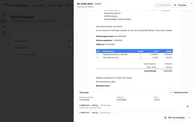 Offen 0,00 € — die Rechnung springt von selbst auf „Bezahlt“. In der Liste der Zahlungen stehen beide Zeilen: die Überweisung und der gewährte Skonto.
