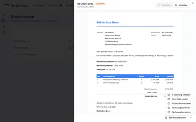 Die Rechnung trägt jetzt die Mahnstufe. In den Offenen Posten steht das Datum unter „Zuletzt gemahnt“, damit niemand versehentlich gleich noch einmal mahnt.