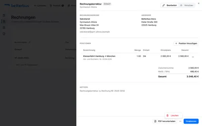 Die Korrektur entsteht als eigenes Dokument mit eigener Nummer — zunächst als Entwurf. Prüfe sie und finalisiere sie wie eine normale Rechnung; erst dann ist sie ausgestellt.