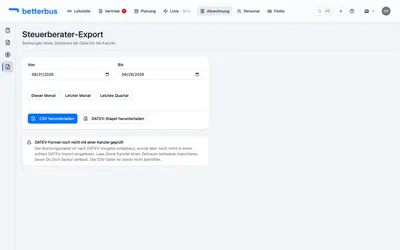 Öffne „Abrechnung“ → „Steuerberater“. Wähle den Zeitraum — für Monat und Quartal gibt es Schnellauswahlen.