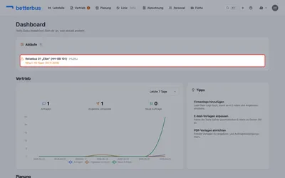 Auf dem Dashboard sammelt die Karte „Abläufe“ alle fälligen und abgelaufenen Dokumente über Fahrzeuge und Fahrer hinweg, das Dringlichste zuerst. Jeder Eintrag führt direkt zum Datensatz. Gibt es nichts zu tun, ist die Karte unsichtbar.
