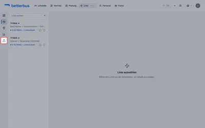 Der Import sitzt in der linken Leiste des Linien-Bereichs und heißt „Fahrplan importieren (Excel)". Beim Anlegen einer Linie wird er ein zweites Mal angeboten — wer die Datei schon hat, muss die Linie gar nicht erst von Hand anlegen.