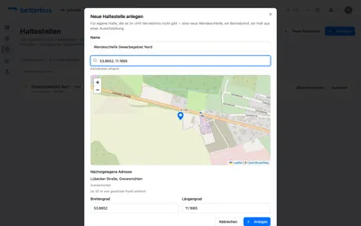 Den Standort setzt Du über die Suche, per Klick in die Karte — oder Du tippst Koordinaten direkt in das Suchfeld, was bei einer Wendeschleife ohne Adresse oft der kürzeste Weg ist. Der Pin ist maßgeblich; die Adresse darunter ist nur der nächstgelegene Treffer dazu.