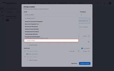 Tippe zum Suchen einfach los — die Liste filtert nach Name und E-Mail. Ist der Anrufer noch nicht im CRM, legst Du ihn direkt hier an.