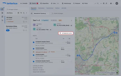 Bevor Du ein Angebot schreibst, lohnt der Blick, ob überhaupt ein Bus frei ist. „Verfügbarkeit prüfen“ öffnet diese Ansicht für genau den Zeitraum der Tour.