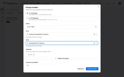 Die beiden Orte trägst Du einmal ein — nicht je Abfahrt. „Ort A“ ist der Startpunkt der ersten Fahrt, „Ort B“ das Ziel. Bei „A ↔ B (Wechsel)“ tauschen sie mit jeder weiteren Abfahrt die Rollen.