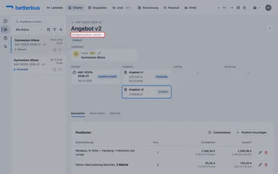 Leicht zu übersehen: Unter der Überschrift steht die Gültigkeit des Angebots. Ein Klick darauf öffnet einen Kalender. Ein Angebot ohne Enddatum bleibt unbefristet gültig — bei einem Preis, der auf einer Kalkulation von heute beruht, ist ein Datum meist die bessere Wahl.