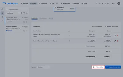Bevor Du versendest, lohnt ein Blick auf das PDF. „PDF erstellen“ öffnet die Zusammenstellung des Dokuments; über das Menü oben rechts kommst Du mit „PDF Vorschau ansehen“ direkt zur fertigen Ansicht. Wie das Dokument aussieht — Logo, Kopfzeile, Layout — legst Du einmalig für Dein Unternehmen fest, nicht je Angebot; das beschreibt eine eigene Anleitung.