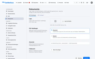 Der Briefbogen liegt in den Einstellungen unter „Dokumente“, im Reiter „PDF-Briefbogen“. Die Seite ist von oben nach unten aufgebaut wie das Dokument selbst: erst das Logo, dann das Layout, die Absenderzeile und zuletzt der Fußbereich.