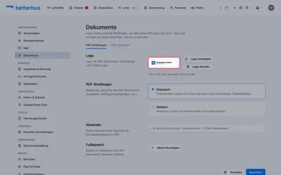 Lade Dein Logo hoch — JPEG, PNG, GIF oder WebP, höchstens 2 MB. Es steht im Kopf jedes PDFs. Dieses Logo ist unabhängig von dem für E-Mails: ein Druck-Logo darf ruhig feiner sein als eines, das in einem Mailprogramm bestehen muss.