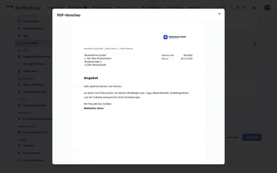 Fertig: „Vorschau“ rendert ein Musterdokument mit genau diesen Einstellungen — dieselbe Erzeugung wie bei einem echten Angebot. Lohnt sich vor dem ersten Versand, denn Logohöhe und Fußzeilenlänge sieht man erst auf der Seite.