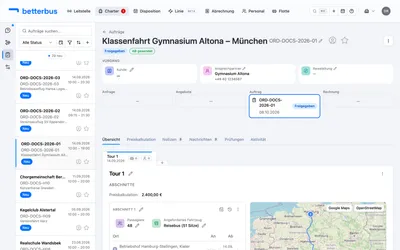 Der Auftragsbildschirm. Links die Liste aller Aufträge mit Suche und Filtern, in der Mitte der geöffnete Auftrag, oben sein Kopf.