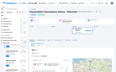 Die Liste filtert nach Zustand, nach markierten Aufträgen, nach den eigenen, nach solchen mit ungelesenen Nachrichten und nach dem Abrechnungsstand — und sortiert wahlweise nach nächster Ausführung statt nach Änderungsdatum.