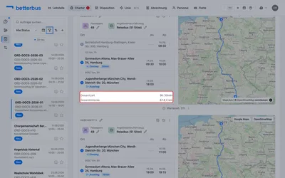 Unter dem Fahrplan stehen die Summen der Tour: die Gesamtzeit und direkt daneben die Gesamtstrecke — beide vom Betriebshof bis zum Betriebshof gerechnet, An- und Abfahrt eingeschlossen.