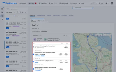 Der Fahrplan des ersten Abschnitts: Betriebshof, Abholung, Zwischenhalt, Ziel. Je Zeile die Art des Halts, der Ort, Ankunft und Abfahrt. Die Zeiten sind anklickbar — und das Schloss daneben fixiert sie gegen die nächste Neuberechnung.