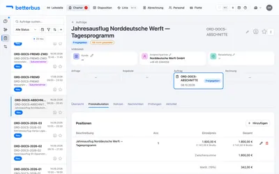 Die Positionen, aus denen der Preis entsteht — darunter Zwischensumme, MwSt. und Gesamtbetrag.