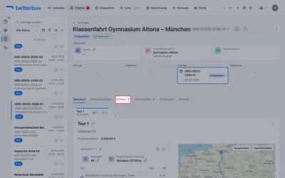 Die Reiter des Auftrags. An „Notizen“ und „Nachrichten“ steht eine Zahl, sobald dort etwas liegt — an den anderen nie, denn Preiskalkulation und Aktivität sind immer gefüllt.