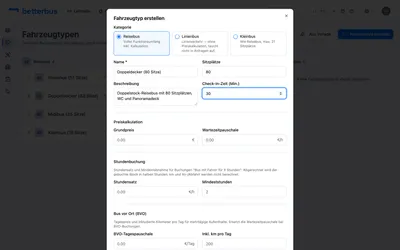 Trage die Stammdaten ein: Name, Sitzplätze (die Kapazität, die später bei der Disposition geprüft wird) und optional eine Beschreibung sowie die Check-in-Zeit.