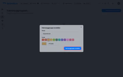 Gib der Gruppe einen Namen und wähle eine Farbe aus der Palette. Klicke dann auf „Fahrzeuggruppe erstellen“.