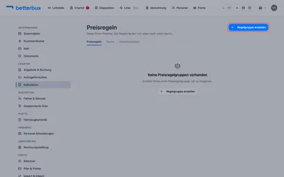 Öffne „Einstellungen“ → „Kalkulation“. Die Seite zeigt Deine Preisregeln als eine Kette von oben nach unten — noch ist sie leer. Klicke auf „Regelgruppe erstellen“.