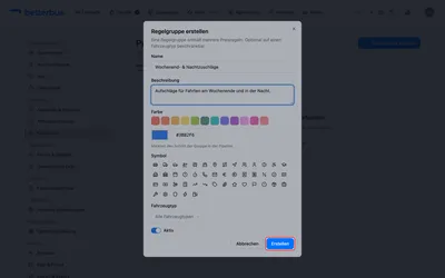 Eine Gruppe bündelt zusammengehörige Regeln und bildet einen Schritt der Kette. Gib ihr einen Namen und optional Beschreibung, Farbe, Symbol und einen Fahrzeugtyp — Letzteres beschränkt die ganze Gruppe auf diesen Typ. Klicke auf „Erstellen“.