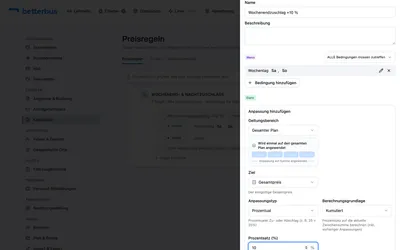 Unter „Dann“ legst Du fest, was passiert. Die Voreinstellung — Geltungsbereich „Gesamter Plan“, Ziel „Gesamtpreis“, Typ „Prozentual“ — passt hier; trage 10 ein. Unter dem Feld steht im Klartext, was das bedeutet, damit ein Vorzeichenfehler auffällt, bevor er in einem Angebot steht.