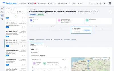 Öffne den Auftrag der mehrtägigen Tour. Die Übersicht zeigt beide Reisetage als Abschnitte.