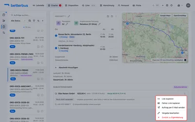 Vergeben heißt noch nicht gefragt. Erst „Auftrag per E-Mail senden“ stellt dem Subunternehmer die Fahrt zu — mit einem Link, über den er annimmt oder ablehnt. Bis dahin steht die Vergabe auf „Noch nicht versendet“.