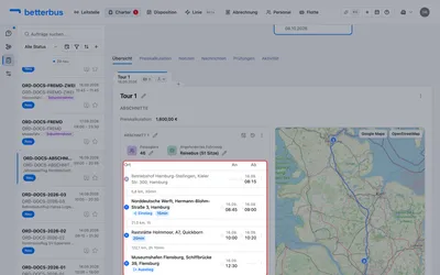 Der Fahrplan des ersten Abschnitts hält fest, was tatsächlich gefahren wird — Betriebshof, Abholung, Zwischenhalt, Ziel. Aus diesen Zeiten entsteht gleich die Länge des Dienstes.